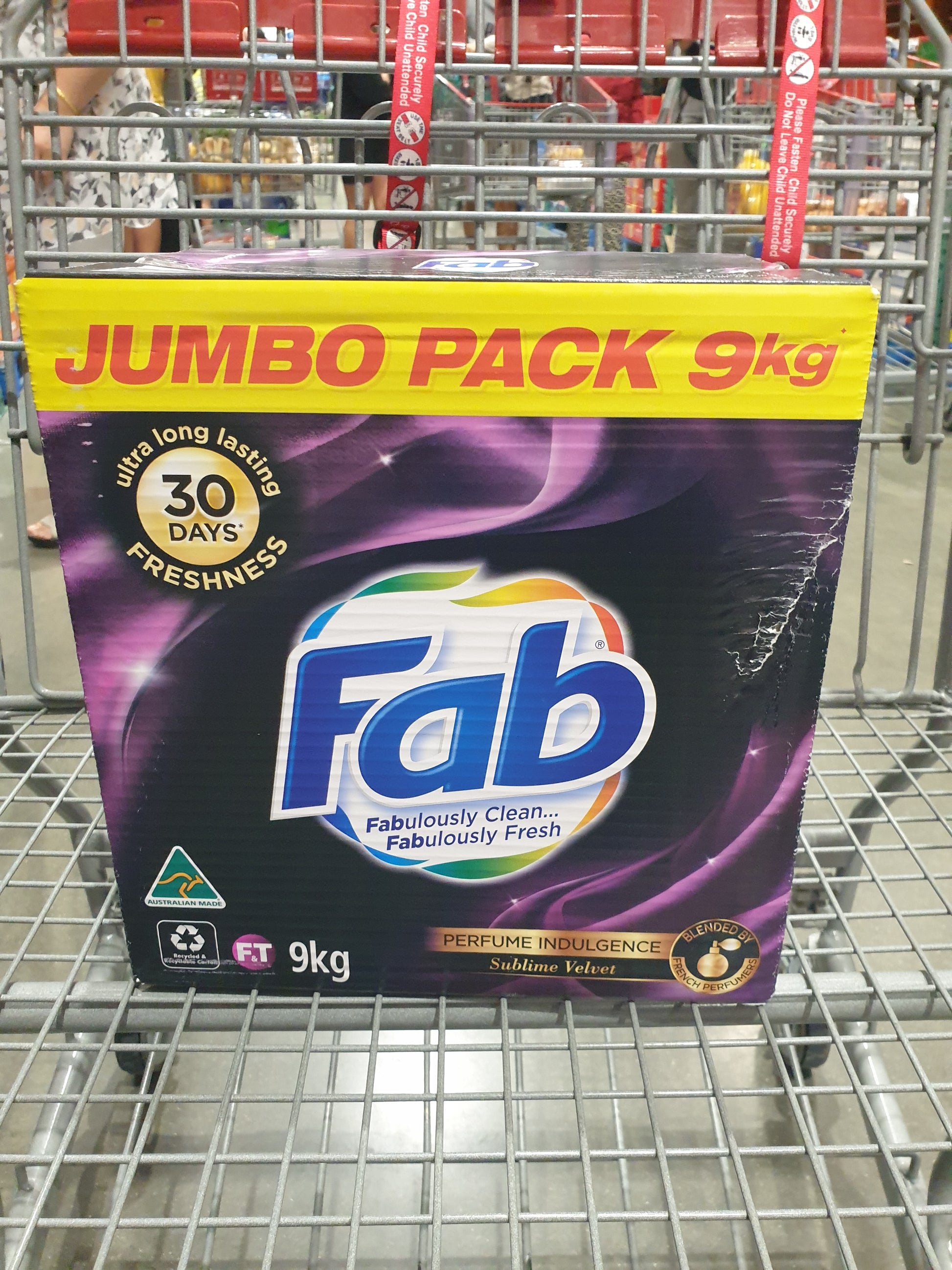 Laundry Powder Product Box on a shopping cart with the name Fab Sublime Velvet Powder Laundry Detergent 9kg at the front this is a product for Costco online shopping in NZ.