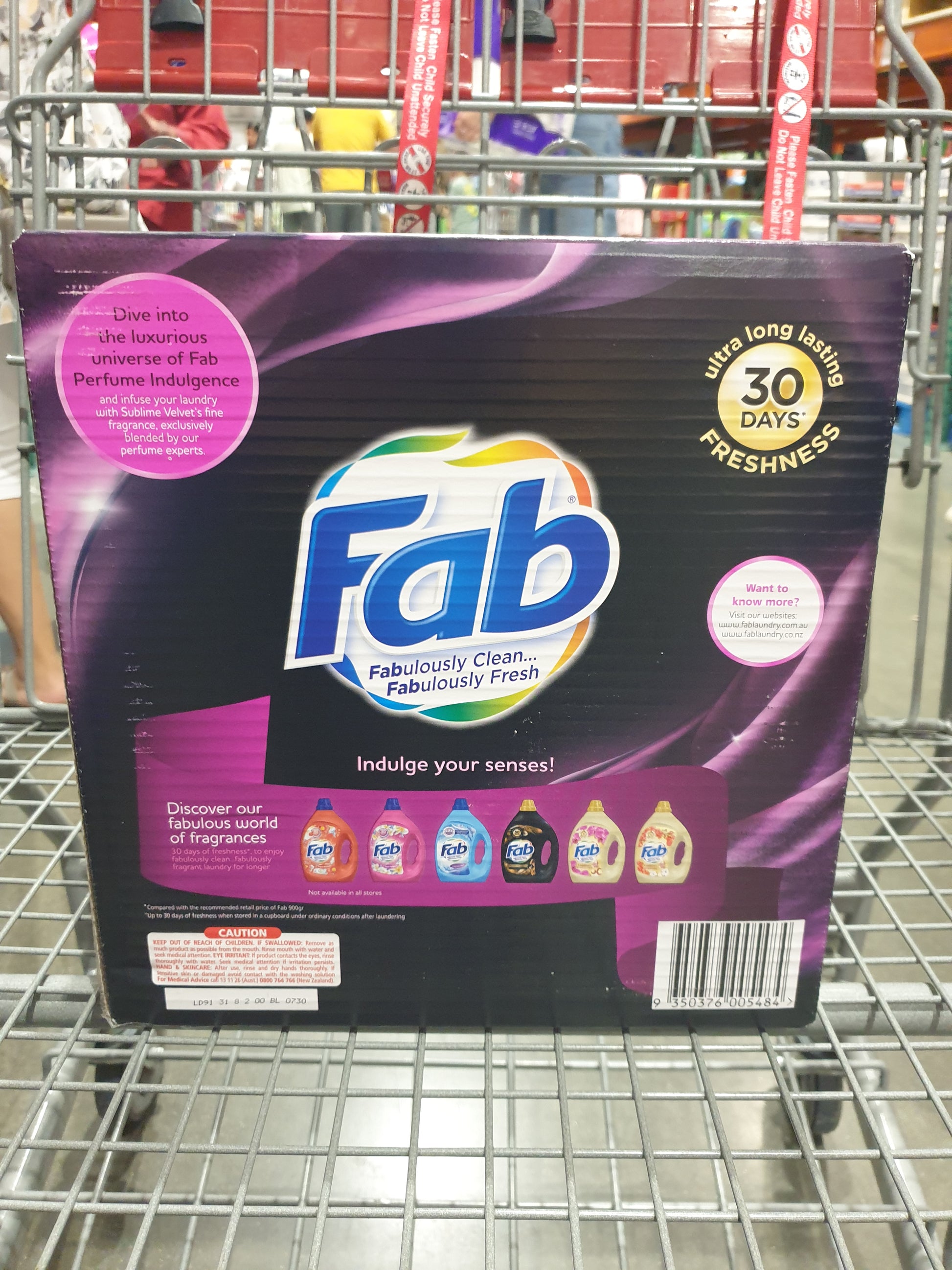 Laundry Powder Product Box on a shopping cart with the name Fab Sublime Velvet Powder Laundry Detergent 9kg written at the back including instructions, this is a product for Costco online shopping in NZ.