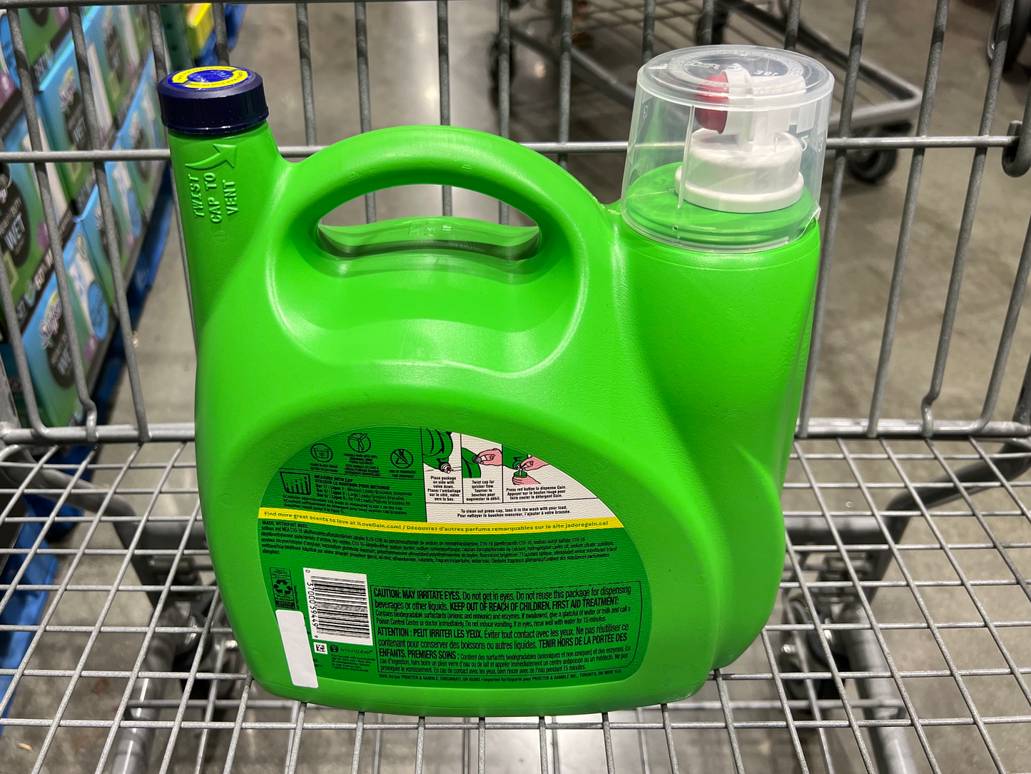 Laundry Detergent Product on a shopping cart with the name Gain Blissful Breeze Laundry Liquid 5.91L written at the back including instructions, this is a product for Costco online shopping in NZ.