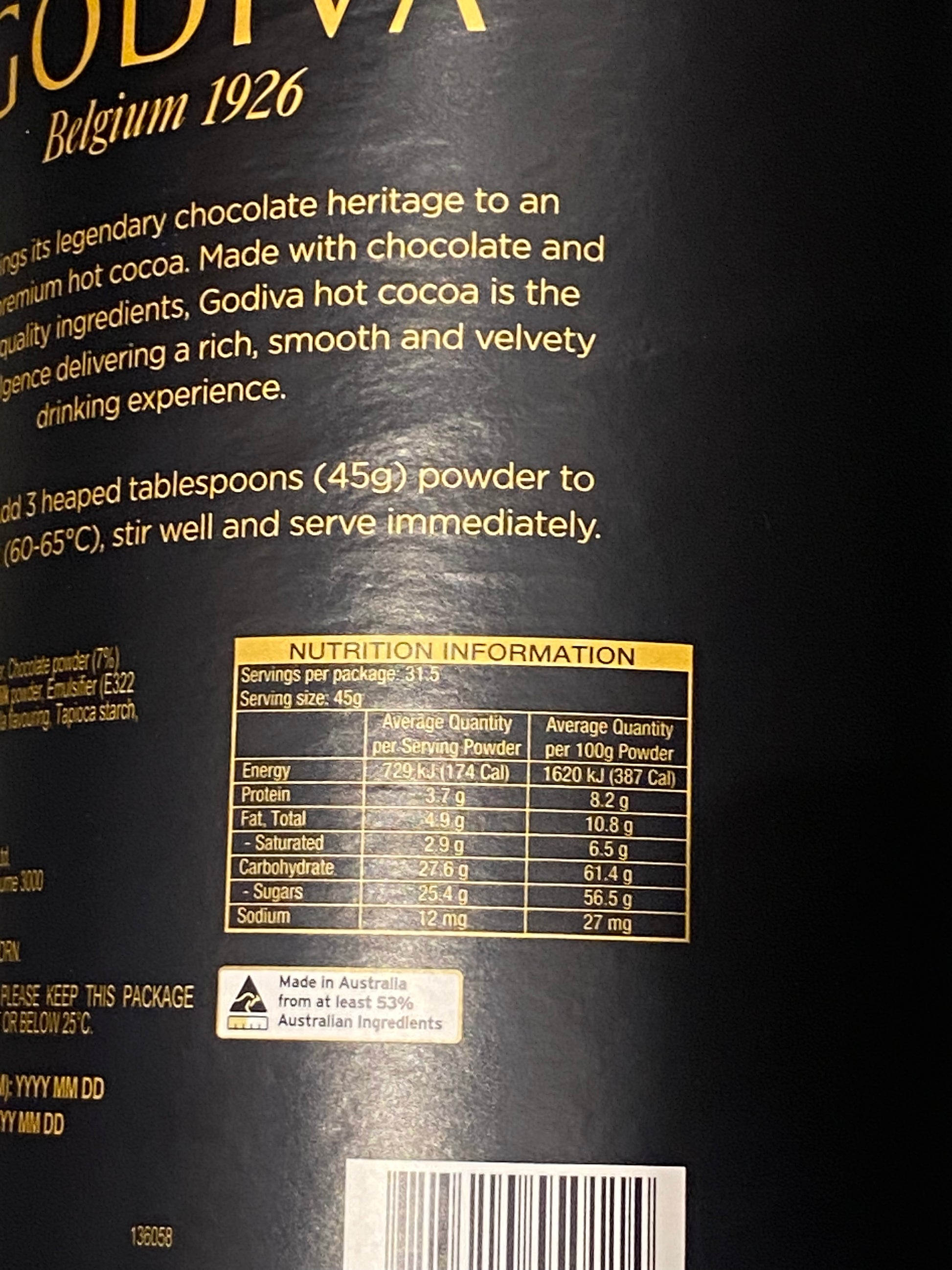 Godiva Hot Cocoa Hot Chocolate Nutrition Image