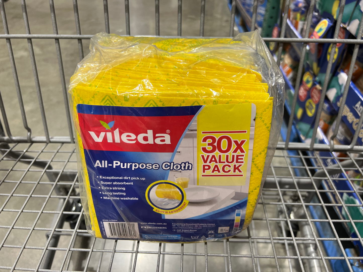 Pack of Vileda all purpose microfibre cloth in colour yellow on a shopping cart for sale for costco online shopping in NZ.